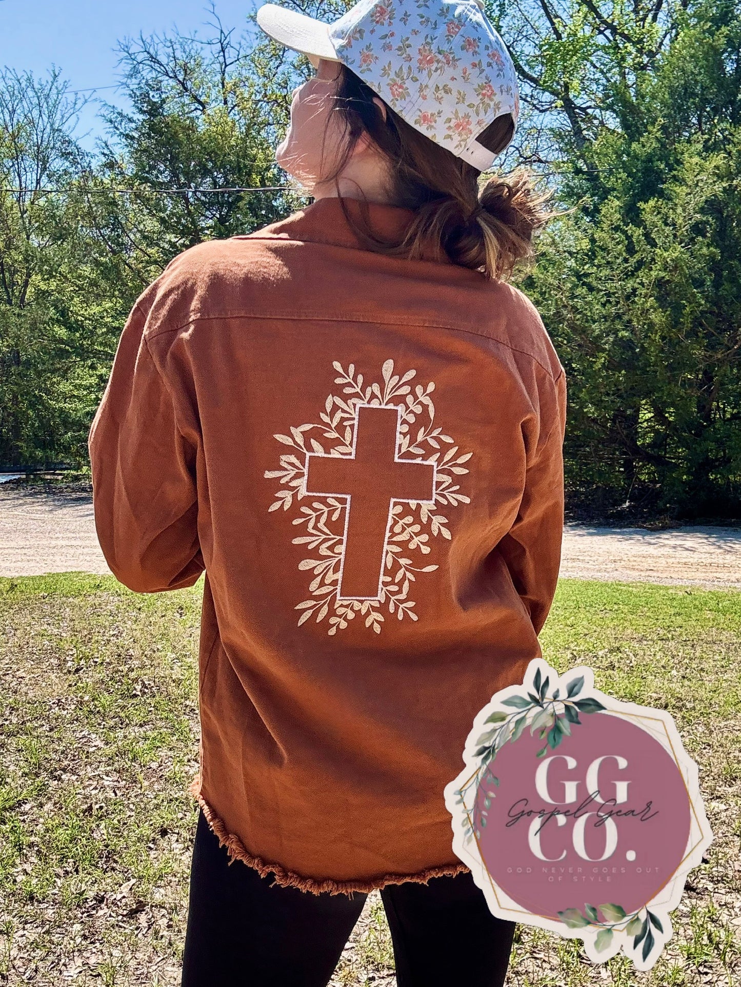 Floral Cross Embroidered Brown Denim Jacket, Embroidered Jacket, Christian Denim Jacket, Christian Gift