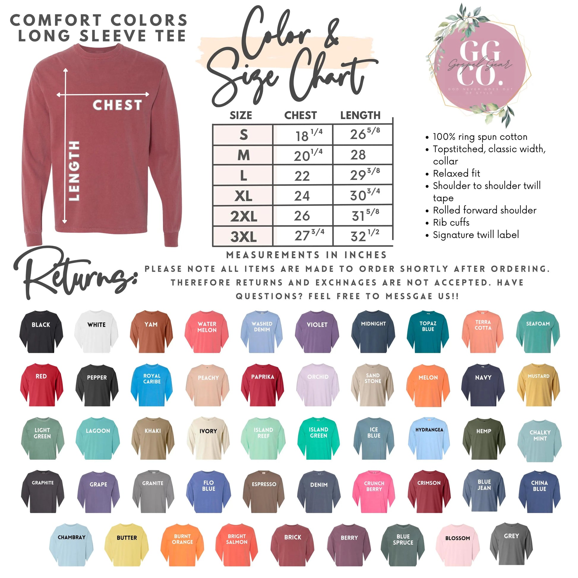 a long sleeved shirt with the text, comfort colors, size chart, and