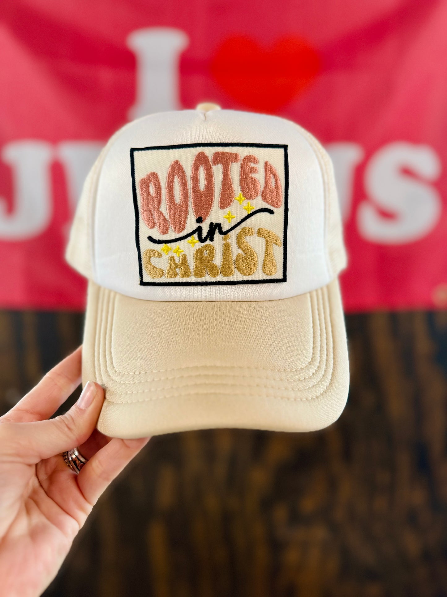 Rooted In Christ Hat, Christian Trucker Hat, Embroidered Patch Hat, Trucker Hat, Patch Trucker Hat, Christian Gift