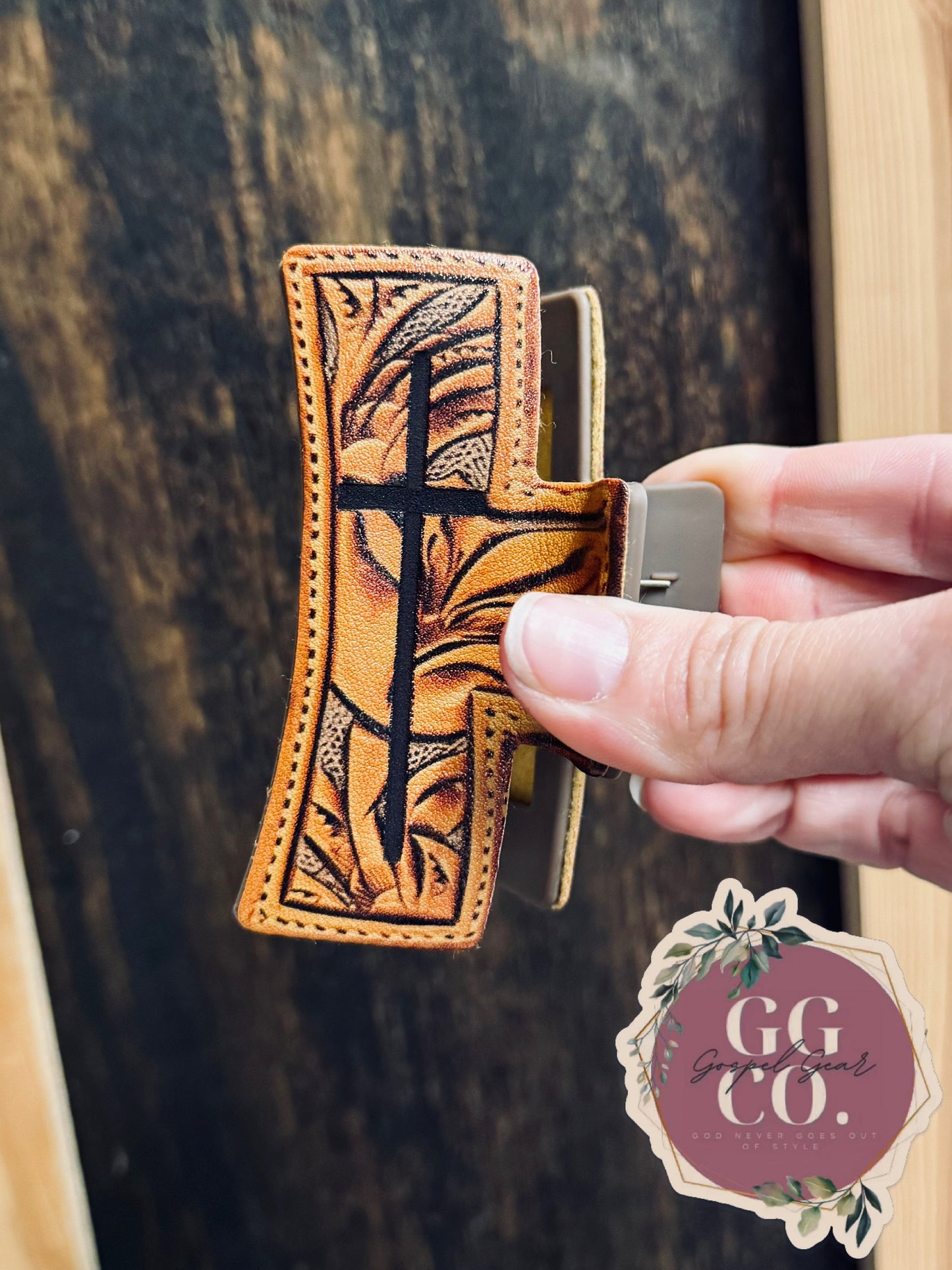 Engraved Cross Leather Claw Clip – Faith-Inspired Hair Accessory