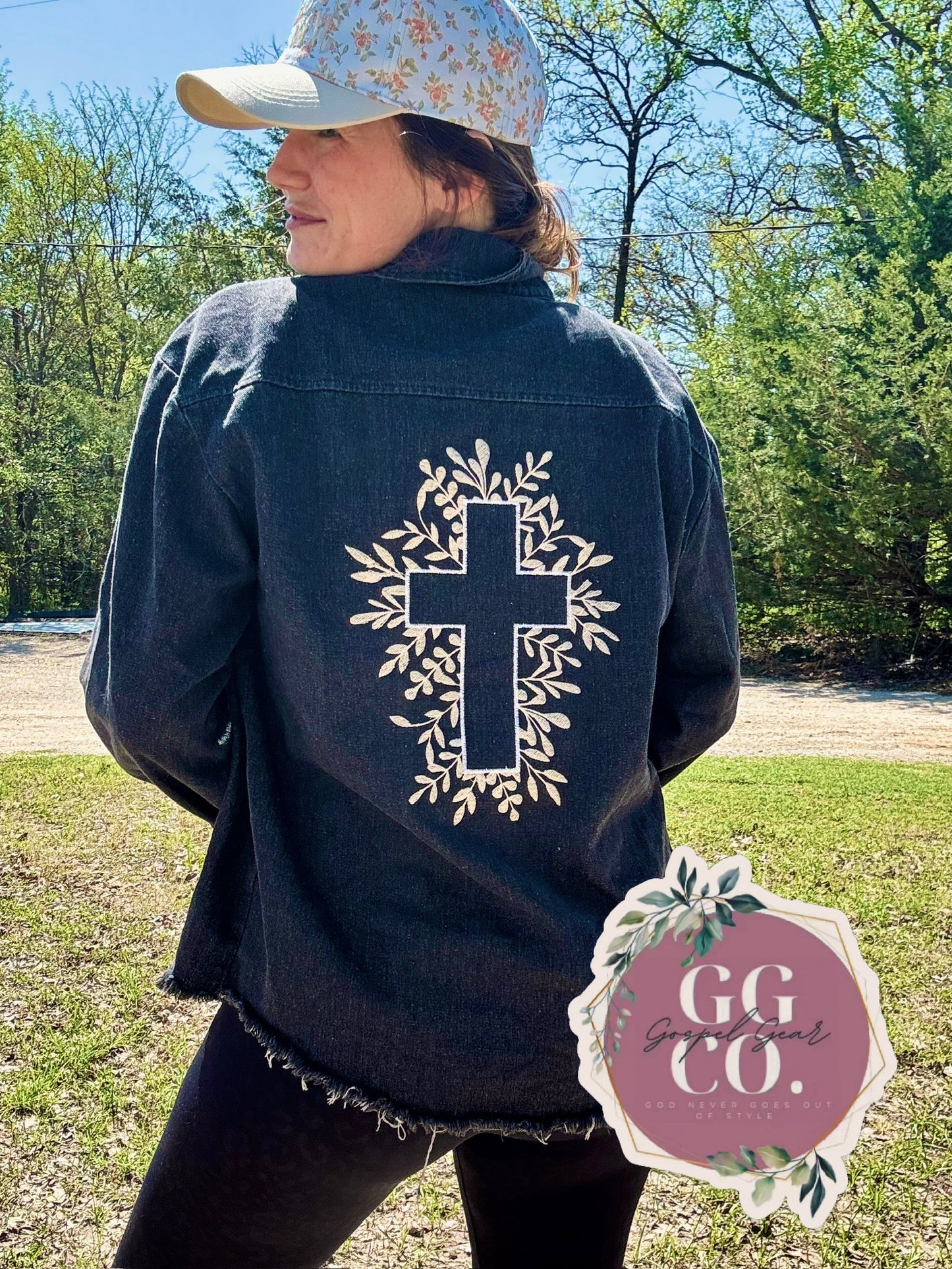 Floral Cross Embroidered Black Denim Jacket, Embroidered Jacket, Christian Denim Jacket, Christian Gift
