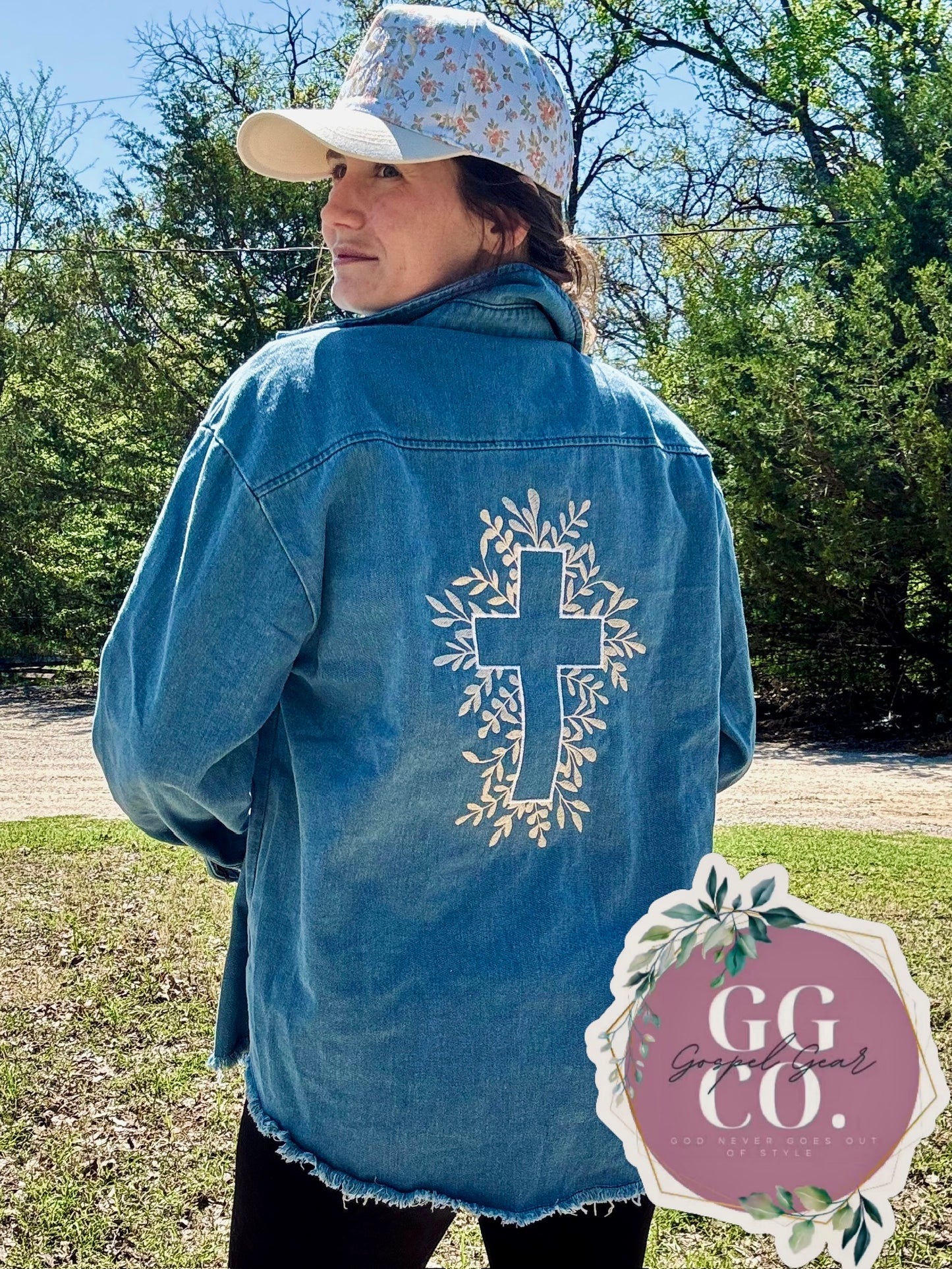 Floral Cross Embroidered Blue Denim Jacket, Embroidered Jacket, Christian Denim Jacket, Christian Gift