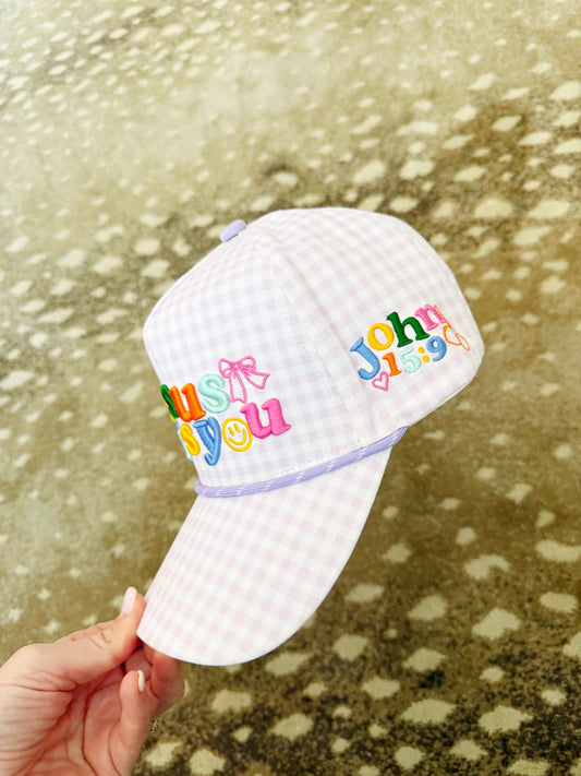 Jesus Loves You Pink Checker Puff Embroidered Hat