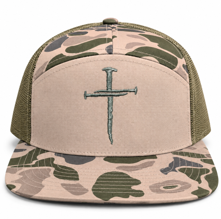 Three Nails Cross Embroidered Duck Camo Snapback Hat