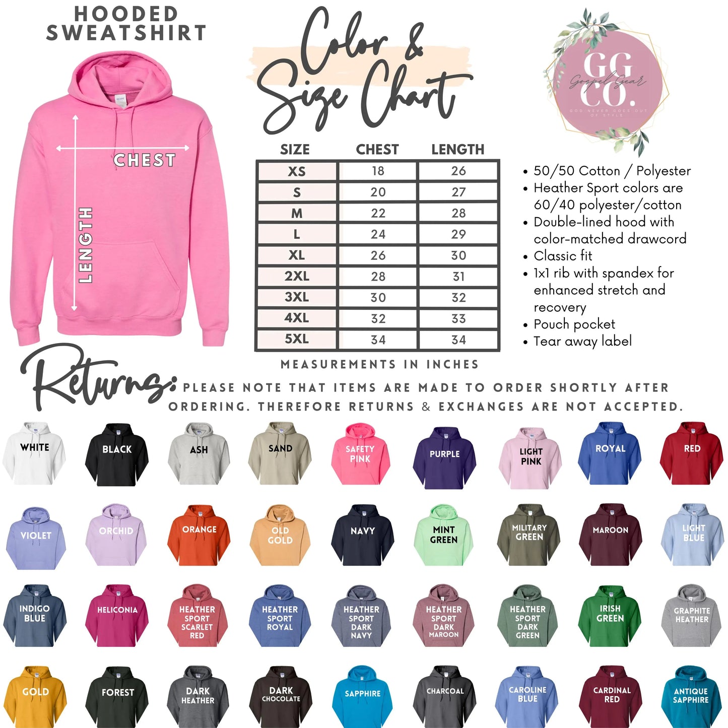 a pink hoodie with the hoodie size chart