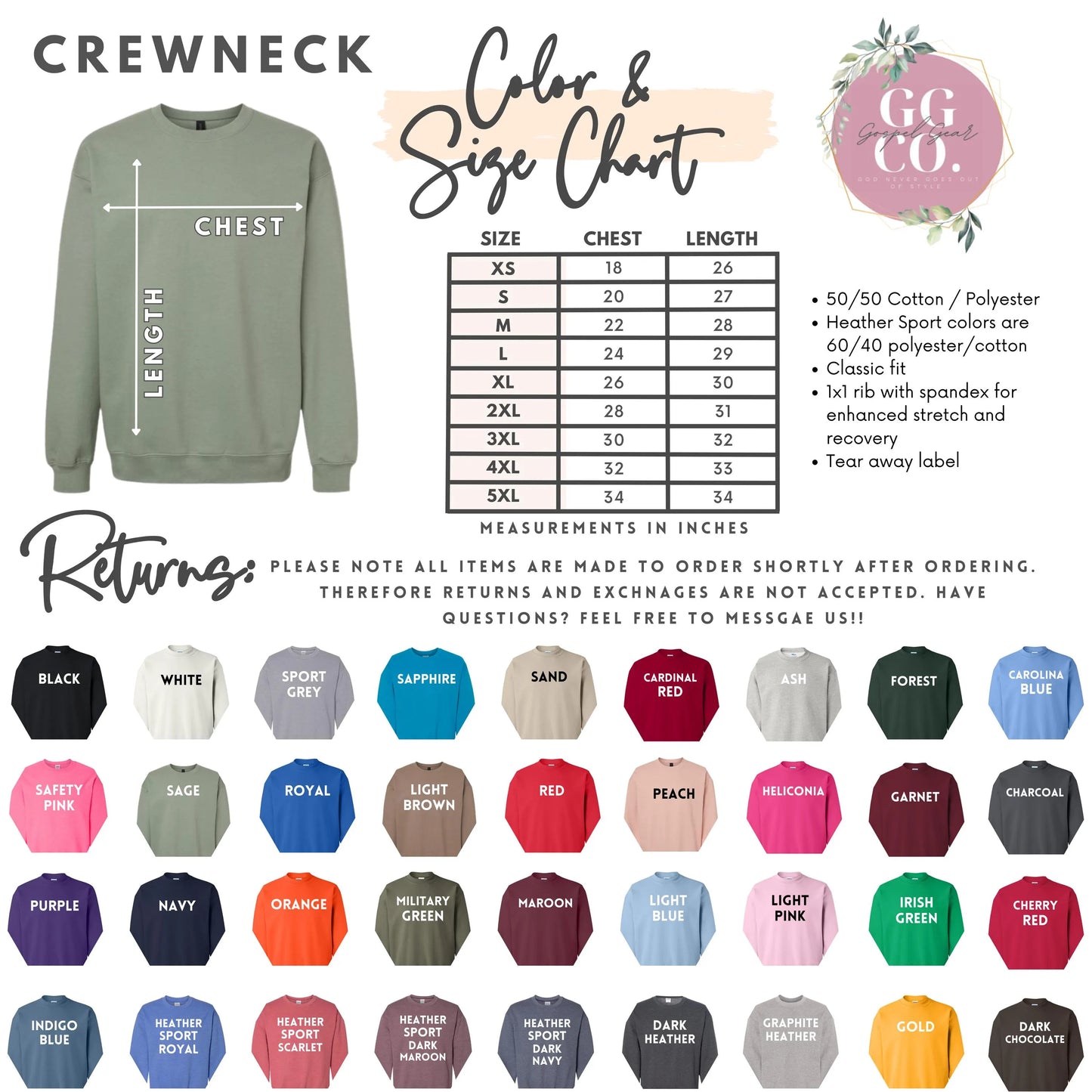 crew neck long sleeve shirt sizes chart