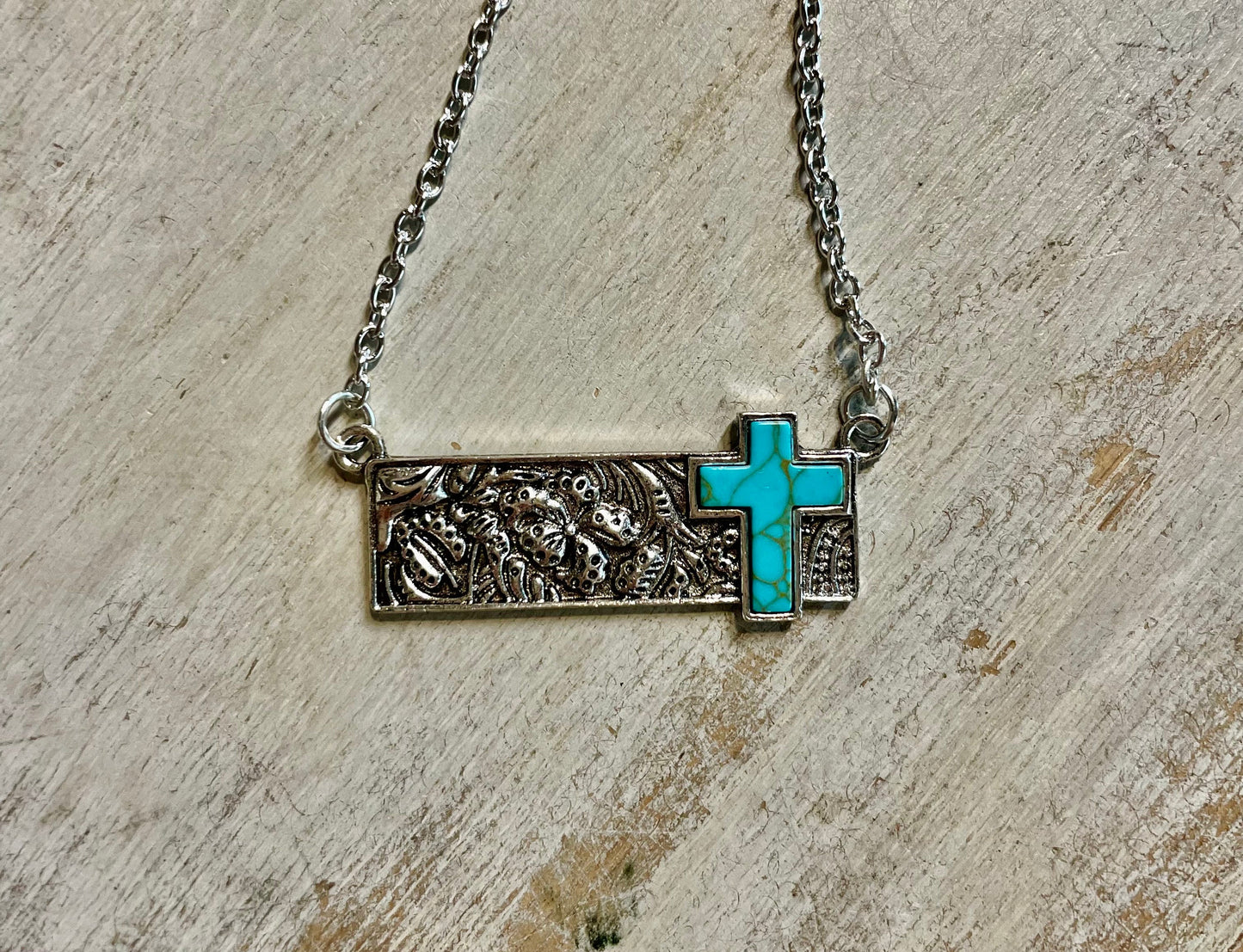 Christian Necklace - Western Tooled Cross Bar Necklace - Christian Jewelry - Christian Gift - Christian Apparel - Necklace - Turquoise