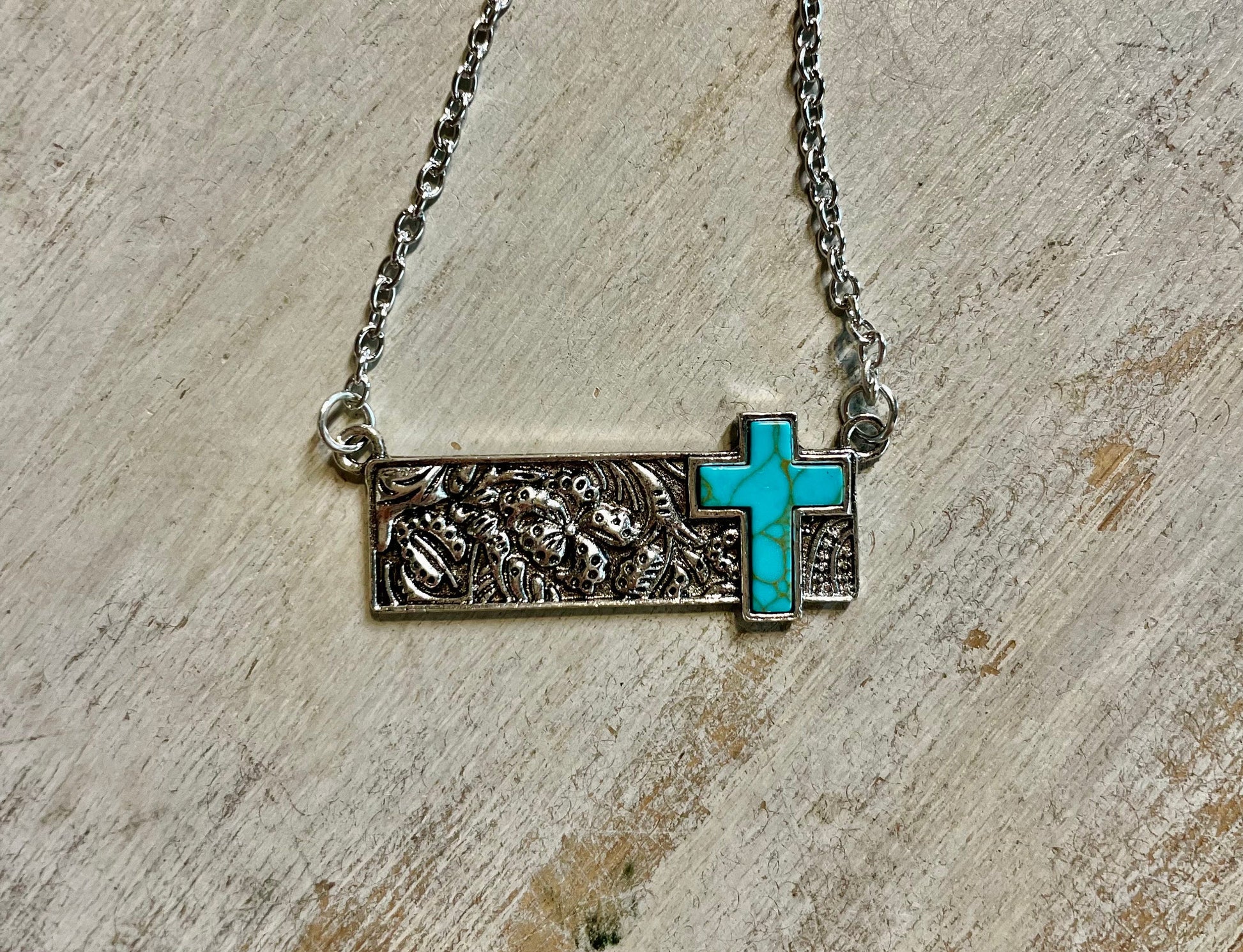 Christian Necklace - Western Tooled Cross Bar Necklace - Christian Jewelry - Christian Gift - Christian Apparel - Necklace - Turquoise