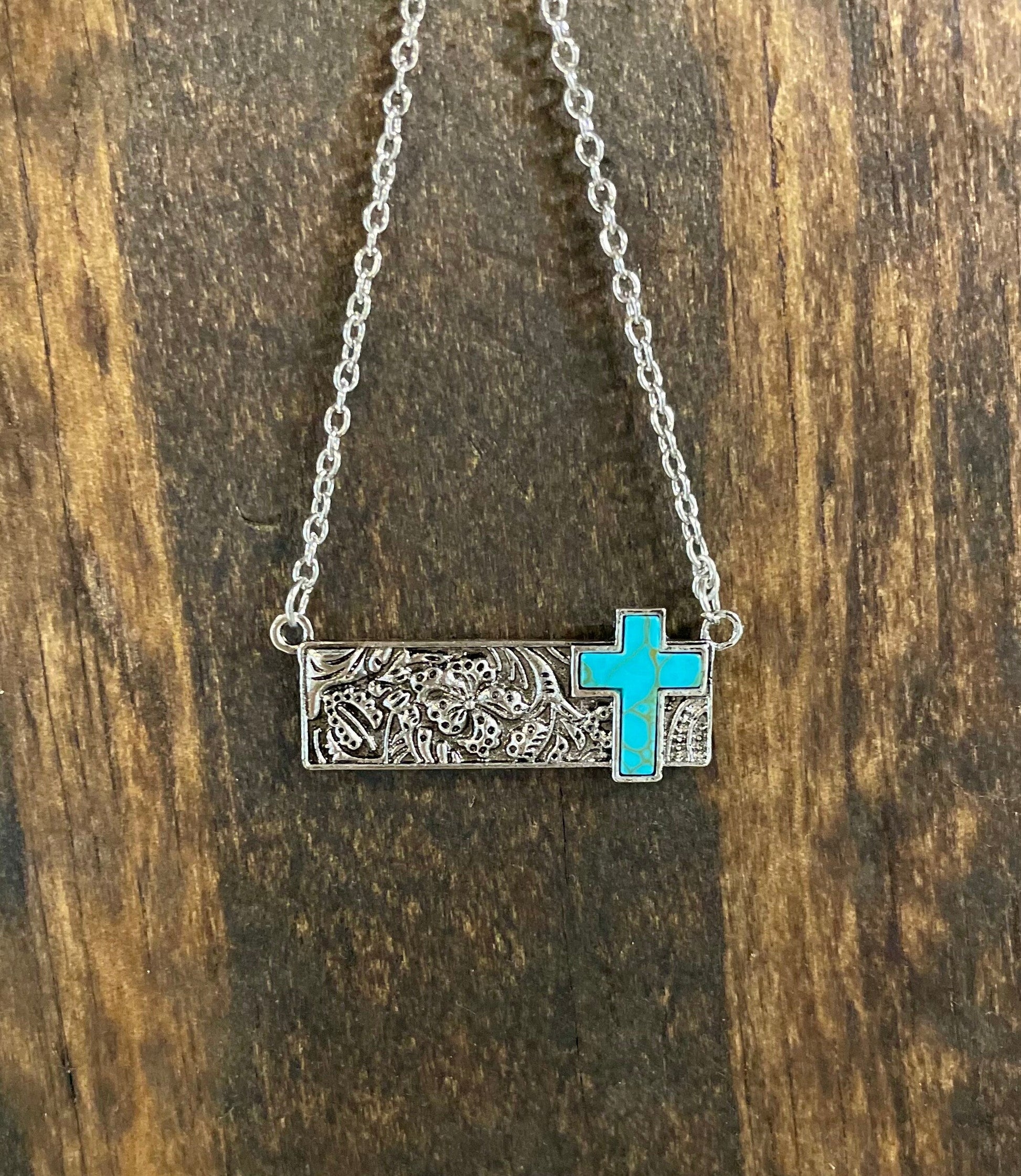 Christian Necklace - Western Tooled Cross Bar Necklace - Christian Jewelry - Christian Gift - Christian Apparel - Necklace - Turquoise