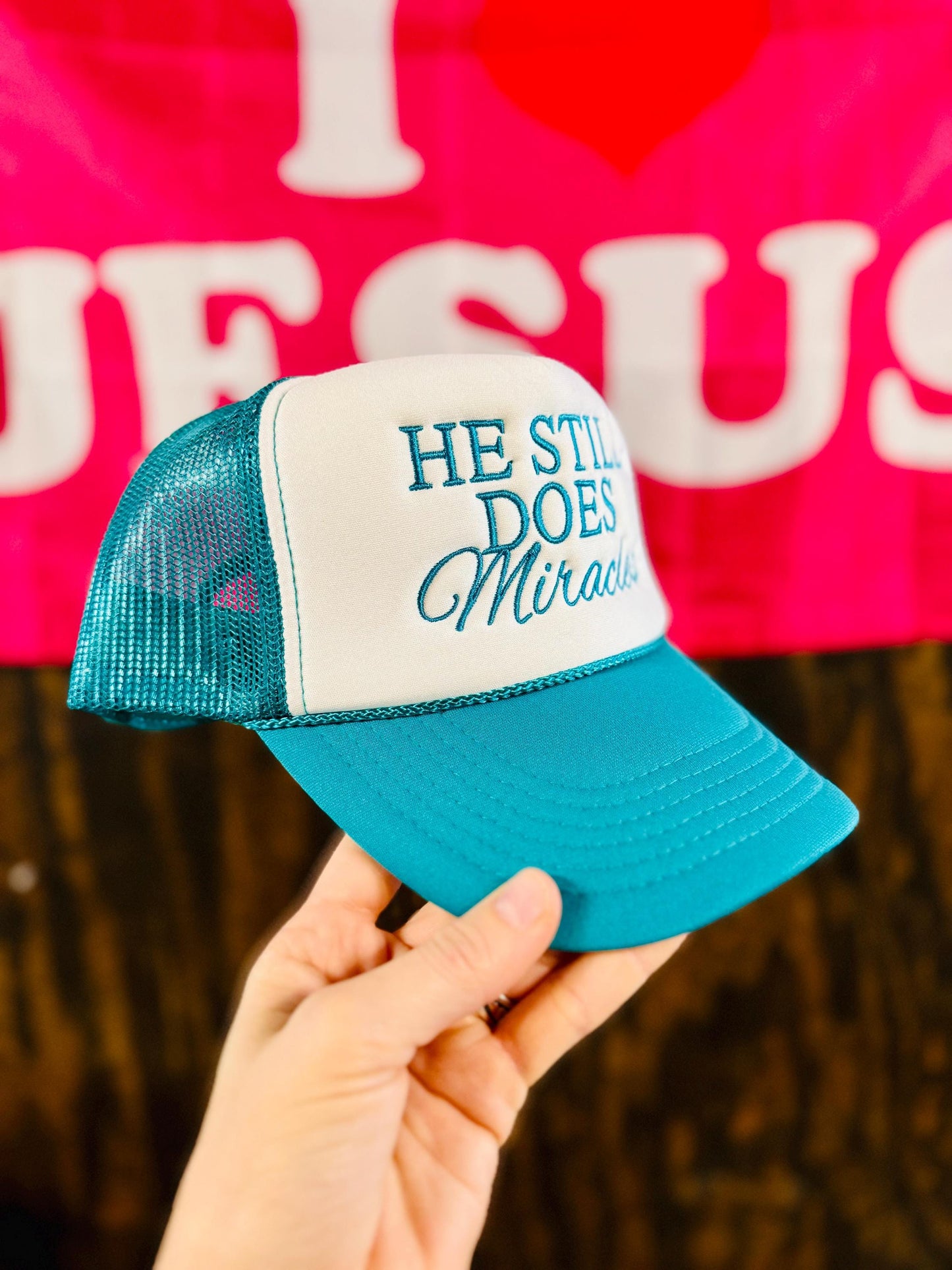 Christian Embroidered Trucker Hat, He Still Does Miracles Cursive Trucker Hat, Foam Mesh Cap, Jesus Trucker Hat, Trucker Hat, Christian Gift