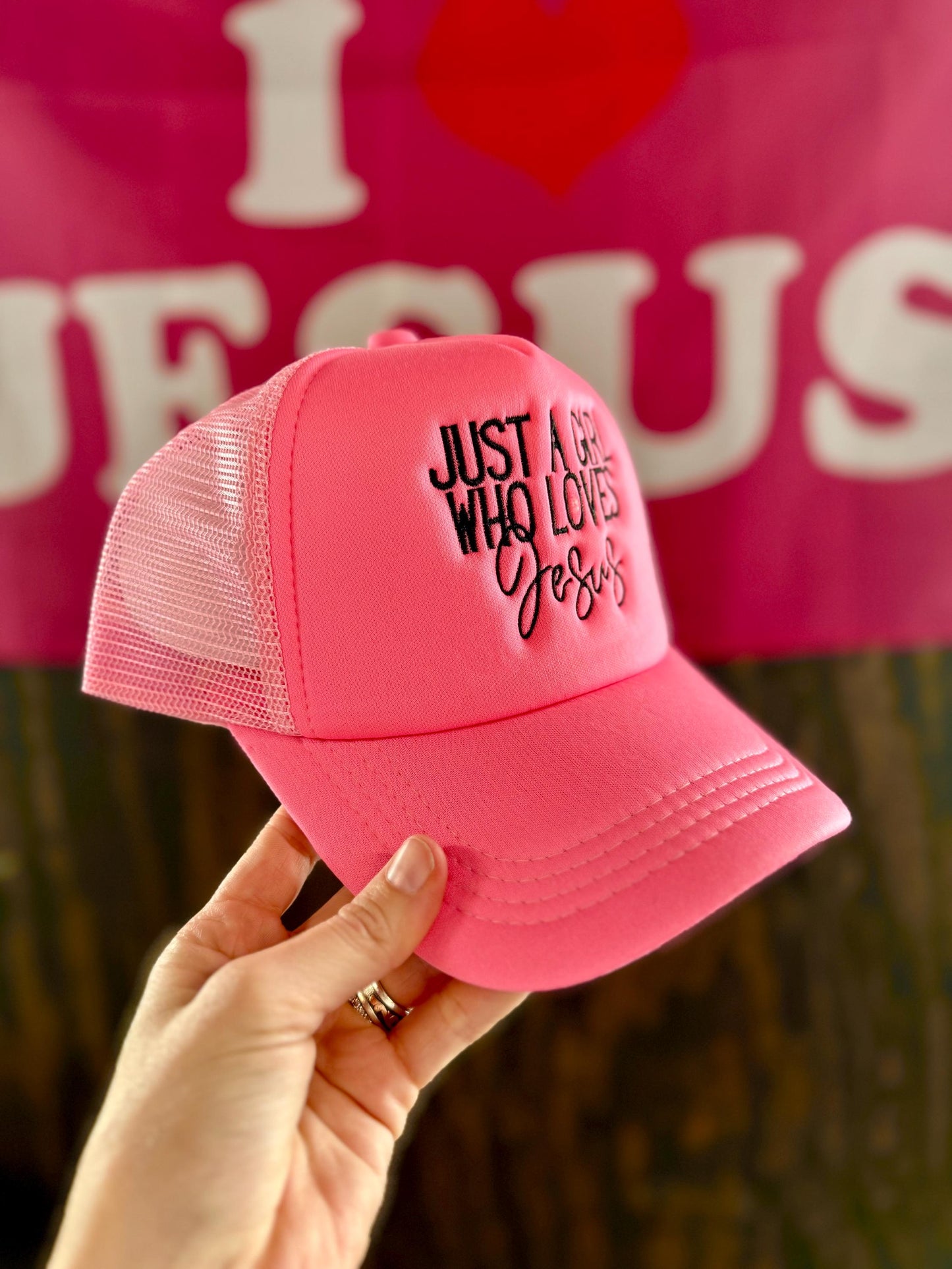 Christian Embroidered Trucker Hat, Just A Girl Who Loves Jesus Trucker Hat, Foam Mesh Cap, Jesus Trucker Hat, Trucker Hat, Christian Gift