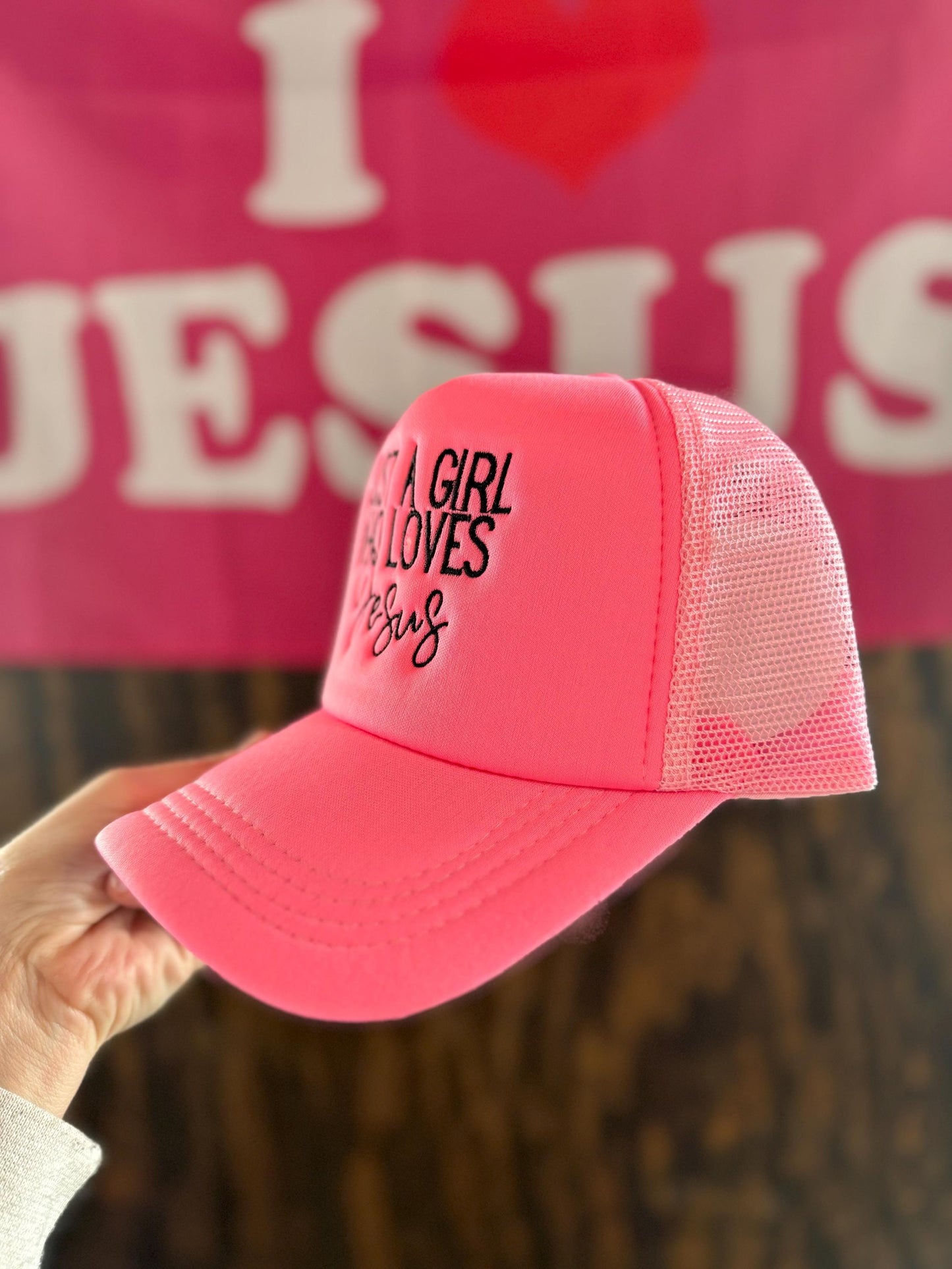Christian Embroidered Trucker Hat, Just A Girl Who Loves Jesus Trucker Hat, Foam Mesh Cap, Jesus Trucker Hat, Trucker Hat, Christian Gift