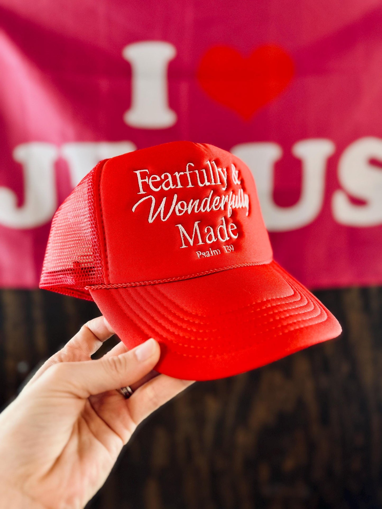 Christian Embroidered Trucker Hat, Fearfully And Wonderfully Made Trucker Hat, Foam Mesh Cap, Jesus Trucker Hat, Trucker Hat, Christian Gift