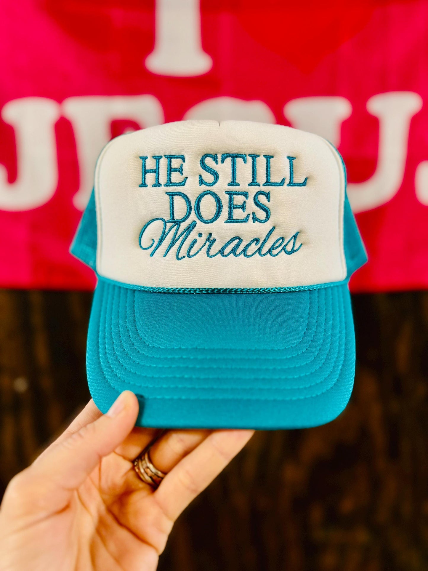 Christian Embroidered Trucker Hat, He Still Does Miracles Cursive Trucker Hat, Foam Mesh Cap, Jesus Trucker Hat, Trucker Hat, Christian Gift