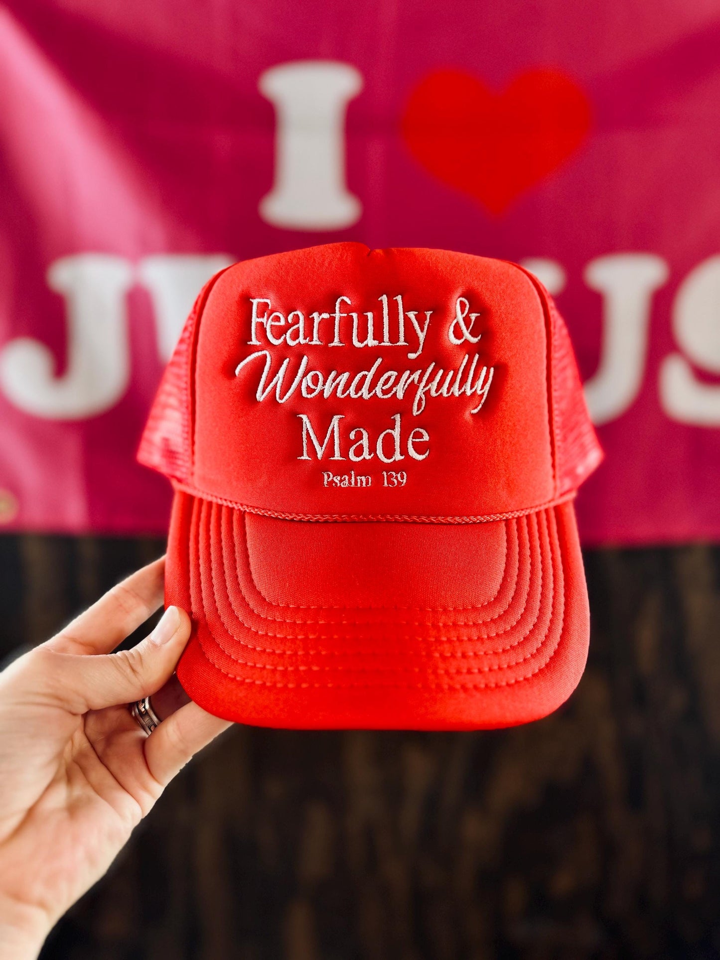 Christian Embroidered Trucker Hat, Fearfully And Wonderfully Made Trucker Hat, Foam Mesh Cap, Jesus Trucker Hat, Trucker Hat, Christian Gift