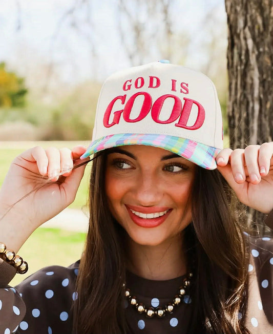 God Is Good Plaid Bill Puff Embroidered Hat