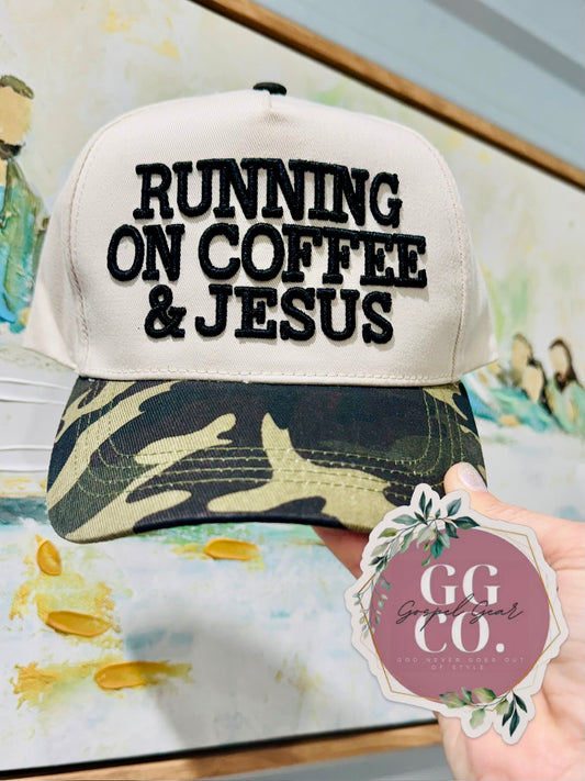 Running On Coffee And Jesus Puff Embroidered Hat