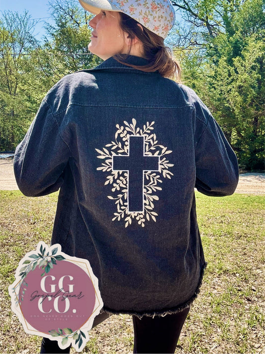 Floral Cross Embroidered Black Denim Jacket, Embroidered Jacket, Christian Denim Jacket, Christian Gift