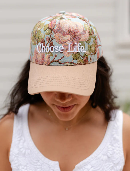 Floral Choose Life Puff Embroidered Hat