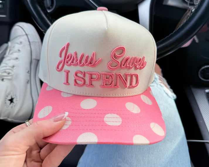 Jesus Saves I Spend Polkadot Puff Embroidered Hat