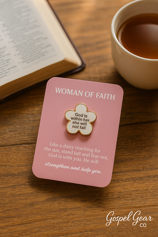 Christian Enamel Pin – Woman of Faith Daisy Flower with Bible Verse (Psalm 46:5)