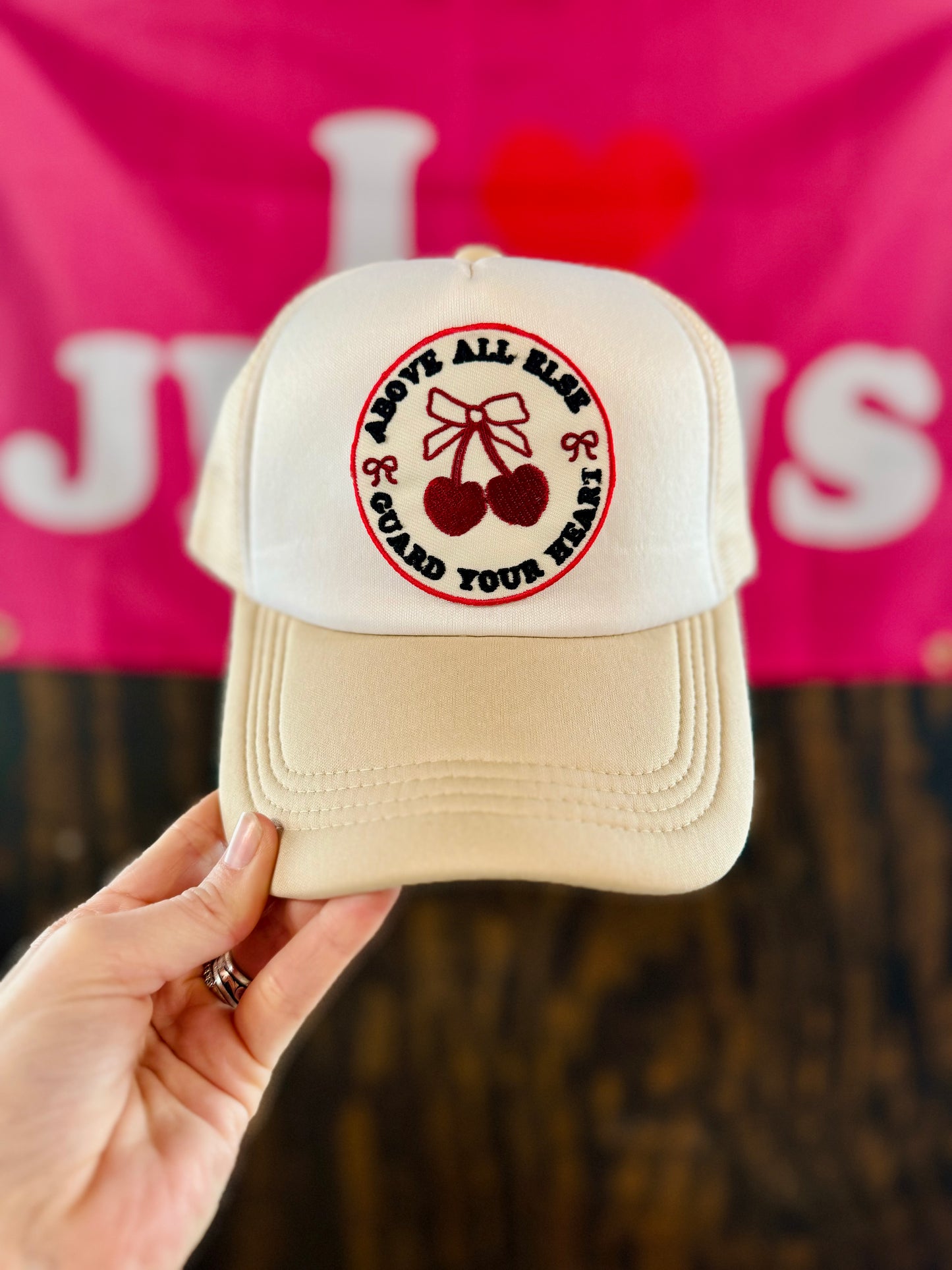 Guard Your Heart Cherries Hat, Christian Trucker Hat, Embroidered Patch Hat, Trucker Hat, Patch Trucker Hat, Christian Gift