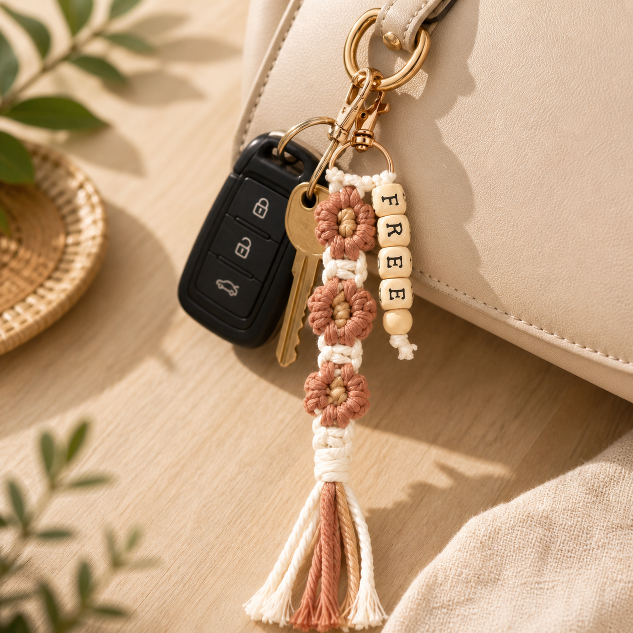 Christian Floral Beaded Keychain - Wooden Beaded Christian Keychain (F ...