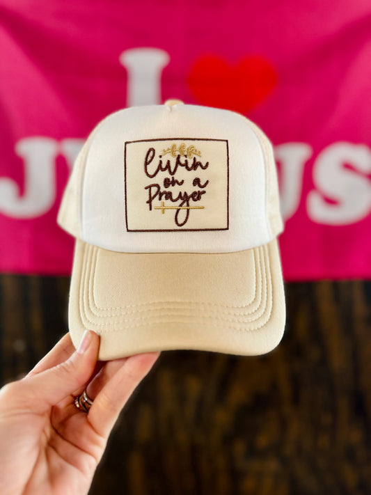 Livin On A Prayer Hat, Christian Trucker Hat, Embroidered Patch Hat, Trucker Hat, Patch Trucker Hat, Christian Gift