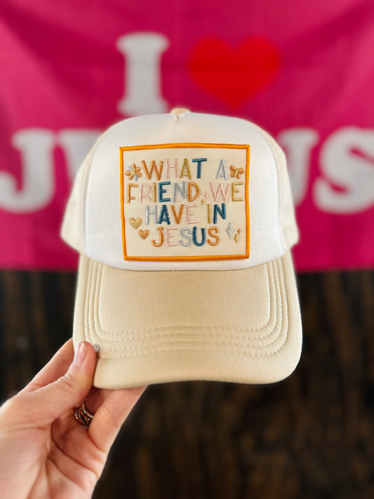 What A Friend We Have In Jesus Hat, Christian Trucker Hat, Embroidered Patch Hat, Trucker Hat, Patch Trucker Hat, Christian Gift
