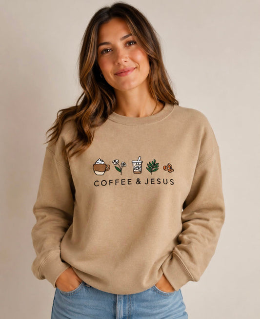 Coffee And Jesus - Embroidered Khaki Crewneck Sweatshirt