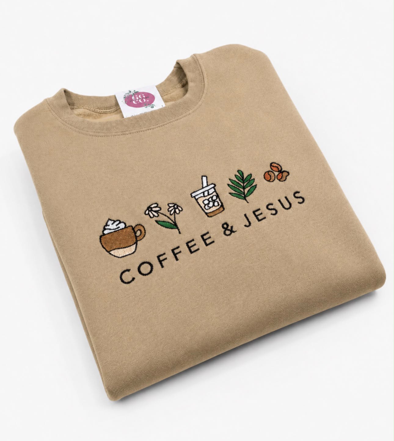 Coffee And Jesus - Embroidered Khaki Crewneck Sweatshirt