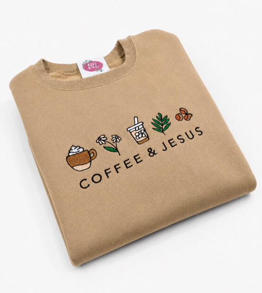 Coffee And Jesus - Embroidered Khaki Crewneck Sweatshirt