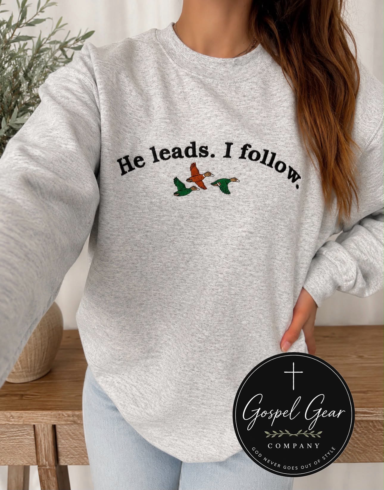He Leads I Follow Ducks Embroidered Shirt