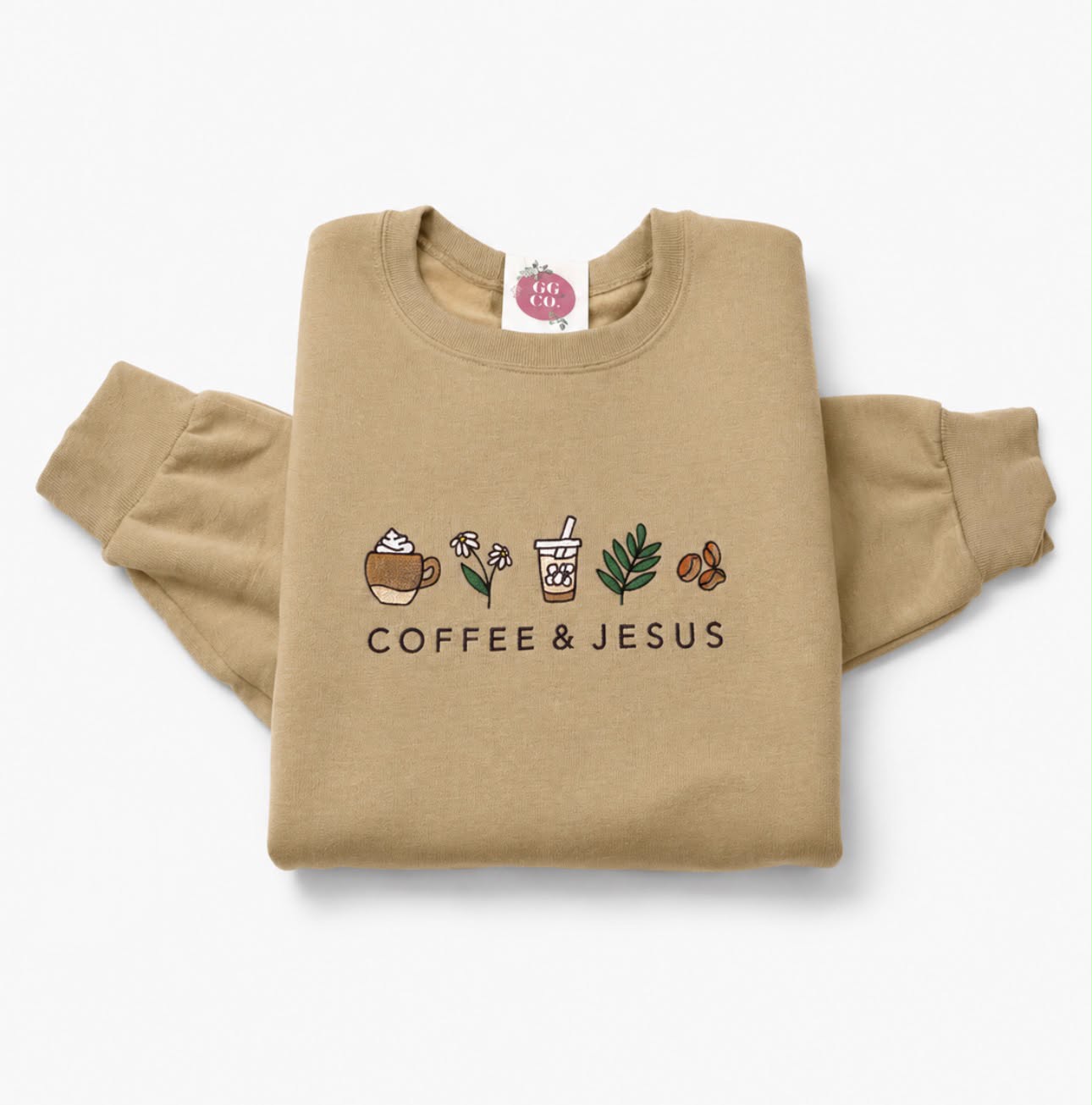 Coffee And Jesus - Embroidered Khaki Crewneck Sweatshirt