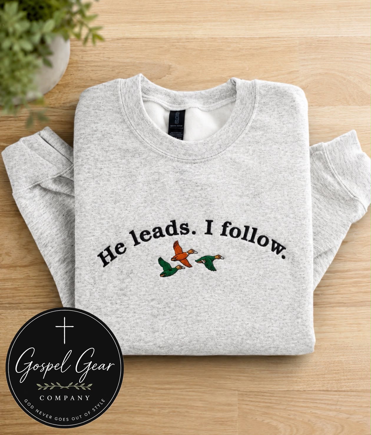 He Leads I Follow Ducks Embroidered Shirt