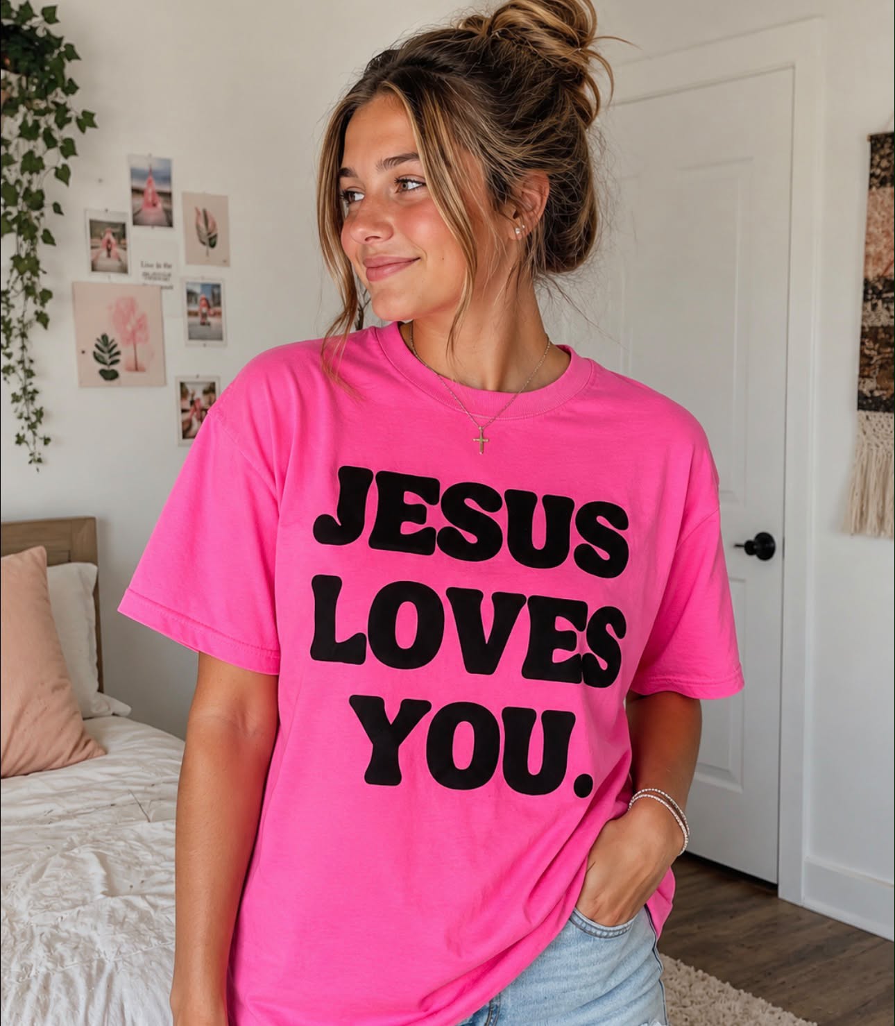 Jesus Loves You Puff Print - Neon Pink Comfort Colors Tee