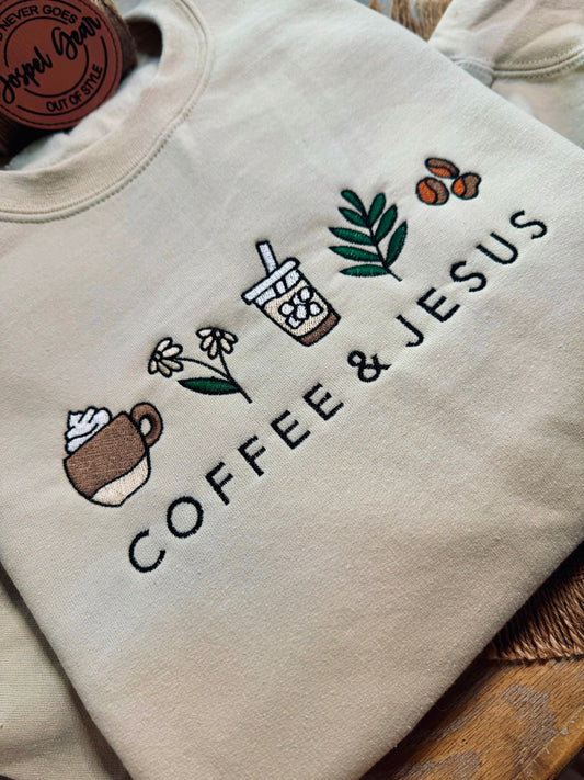 Coffee And Jesus Embroidered Shirt, Embroidered Pullover, Christian Tee, Embroidered Shirt, Christian Sweatshirt, Christian Gift