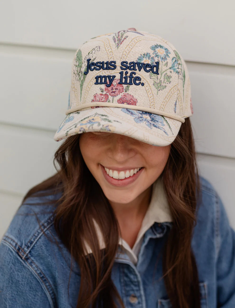 Jesus Saved My Life Floral Puff Embroidered Hat