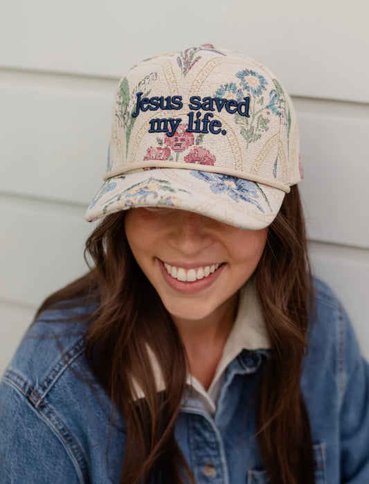 Jesus Saved My Life Floral Puff Embroidered Hat