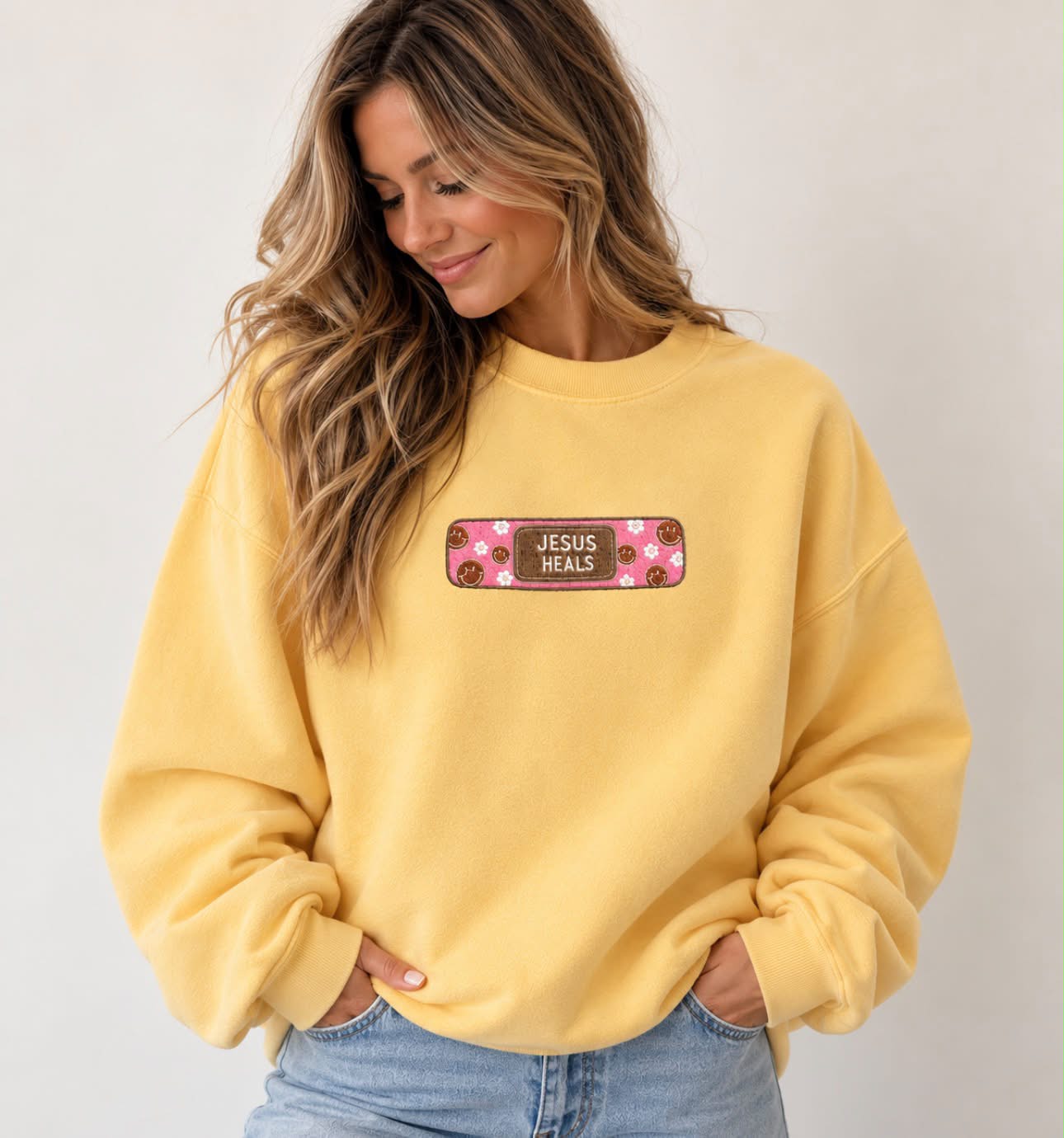 Jesus Heals Smiley Face Band-aid Embroidered Graphic Shirt