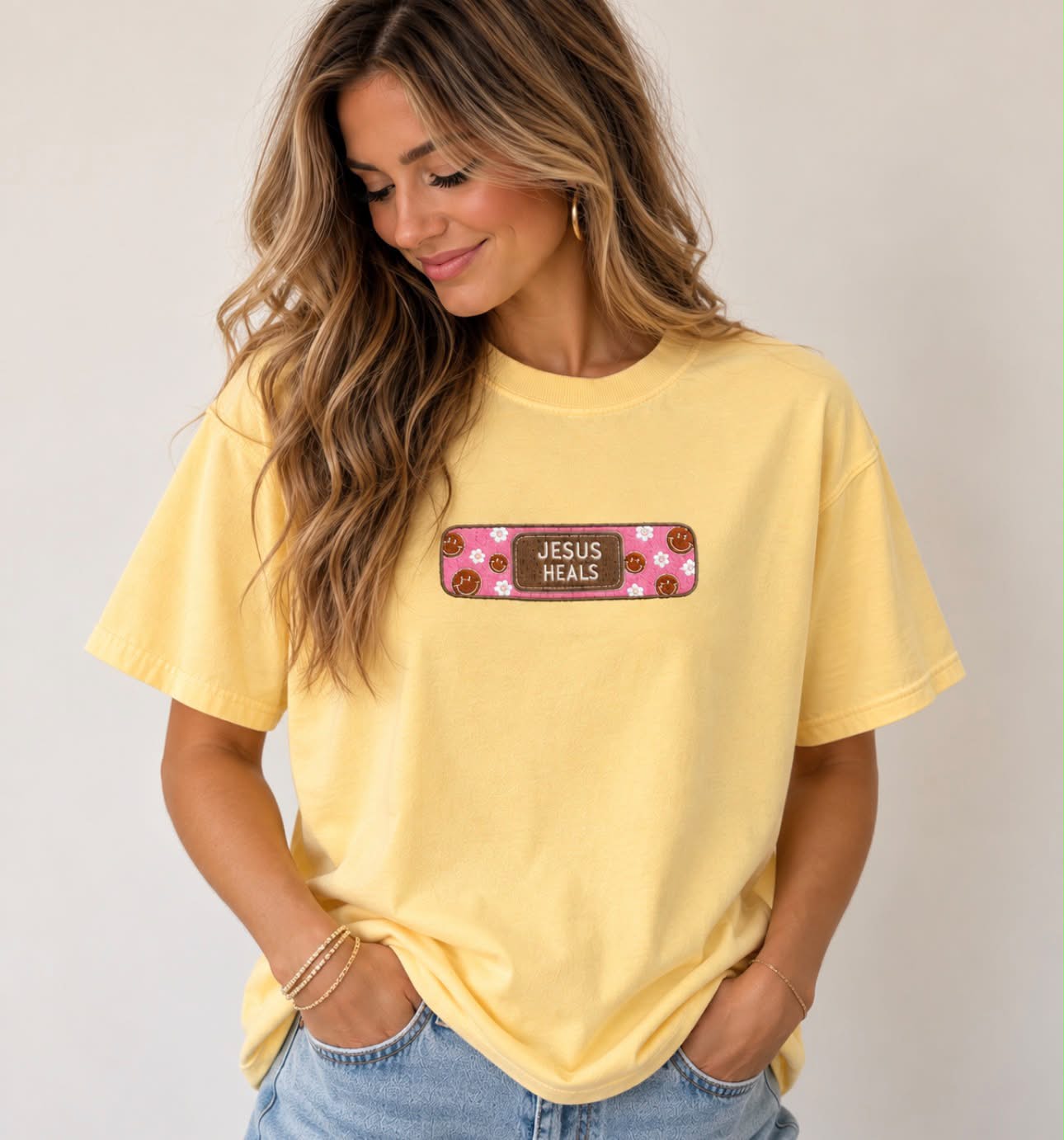 Jesus Heals Smiley Face Band-aid Embroidered Graphic Shirt