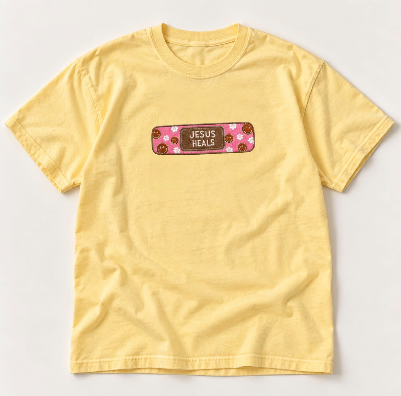 Jesus Heals Smiley Face Band-aid Embroidered Graphic Shirt