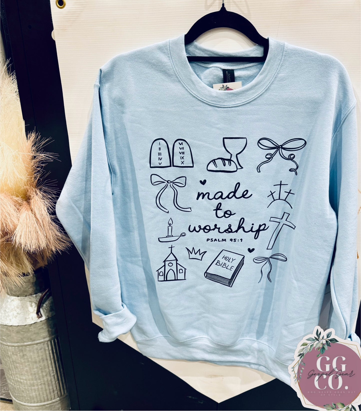 Made To Worship Collage - Light Blue Crewneck/Black Graphic - Ready To Ship