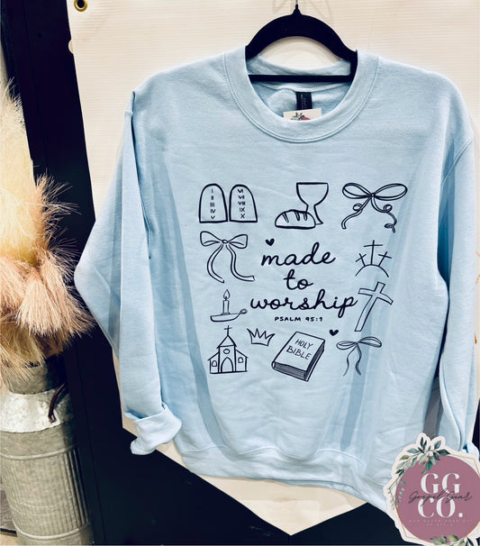 Made To Worship Collage - Light Blue Crewneck/Black Graphic - Ready To Ship