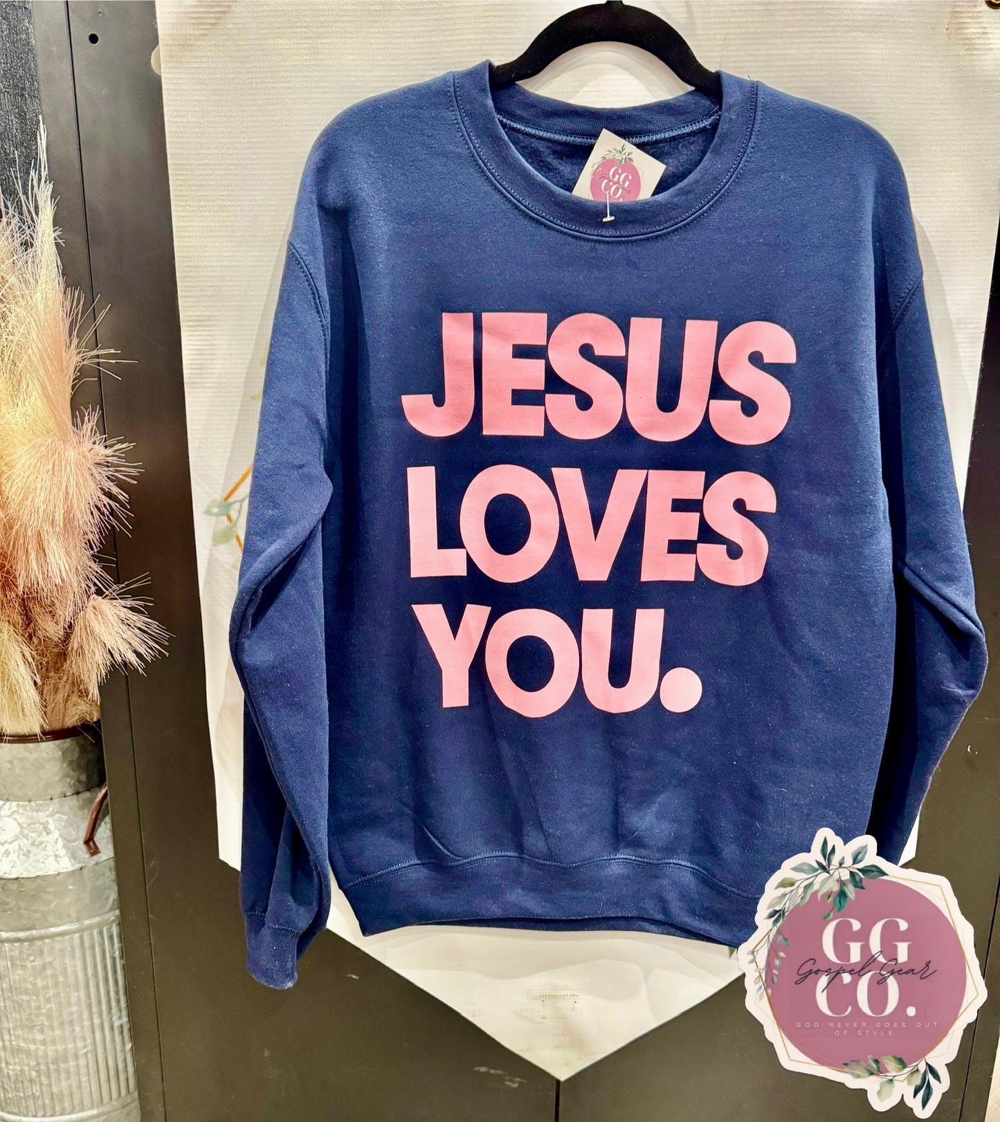 Jesus Loves You - Navy Crewneck/Pink Graphic - Ready To Ship