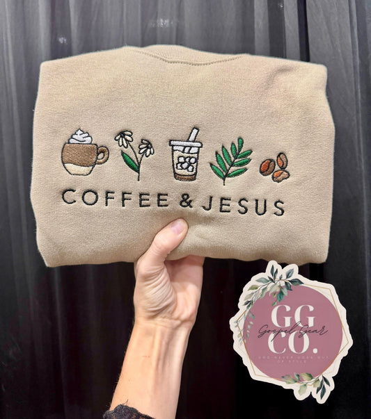 Jesus And Coffee Embroidered Shirt - Light Brown Crewneck /As Shown Thread - Ready To Ship