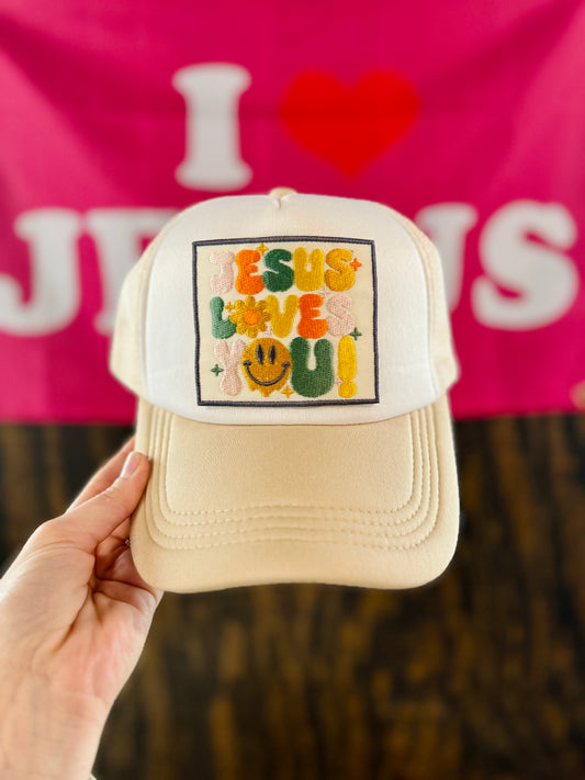 Jesus Loves You Smiley Face, Christian Trucker Hat, Embroidered Patch Hat, Trucker Hat, Patch Trucker Hat, Christian Gift