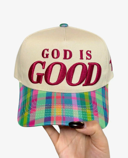 God Is Good Plaid Bill Puff Embroidered Hat