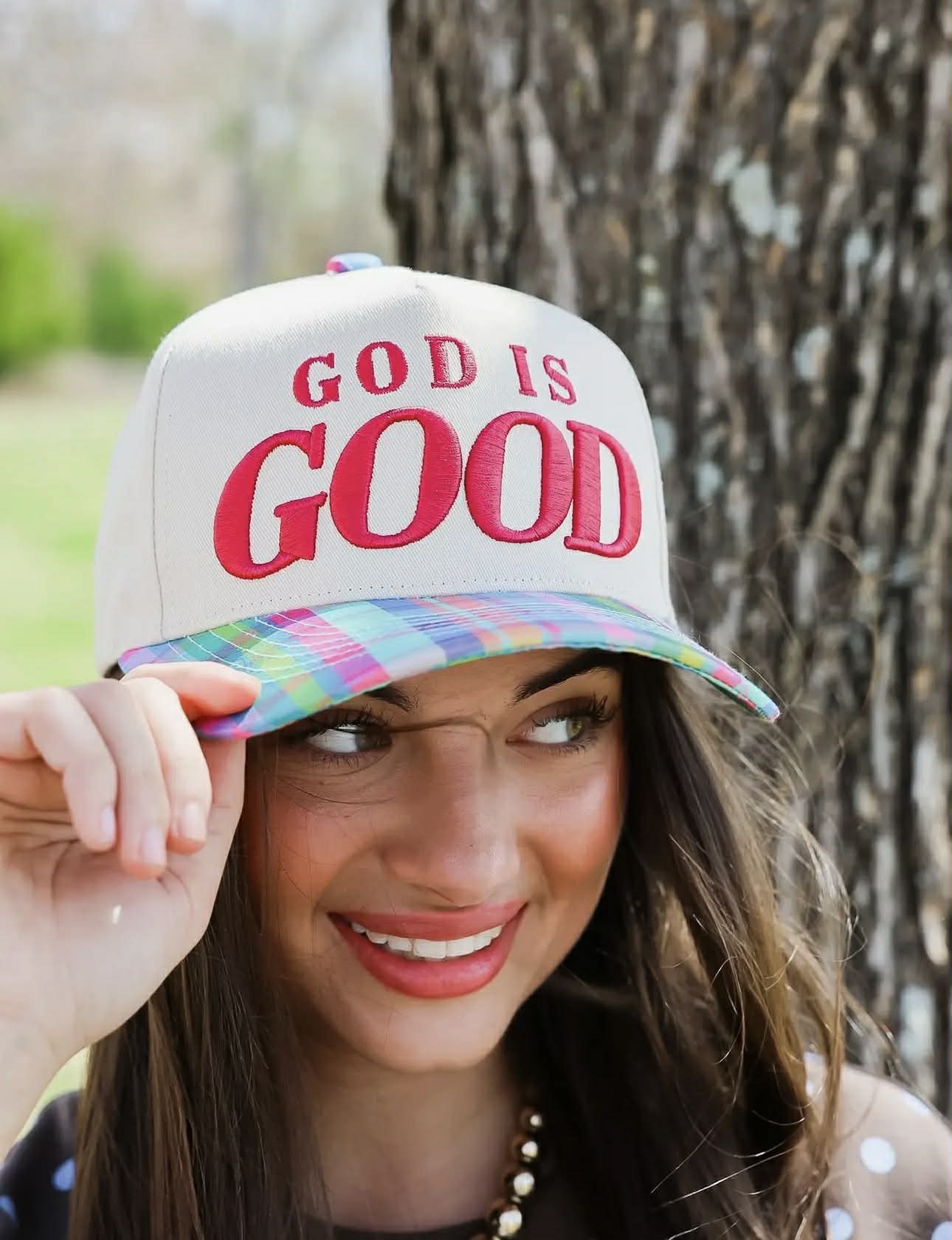God Is Good Plaid Bill Puff Embroidered Hat