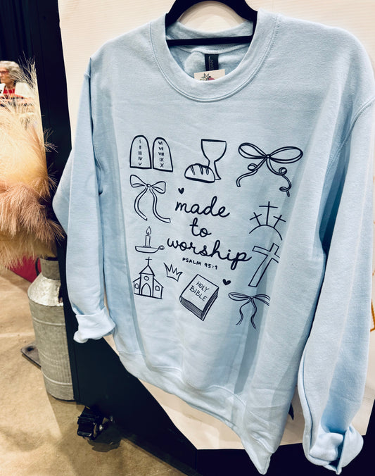 Made To Worship Collage - Light Blue Crewneck/Black Graphic - Ready To Ship